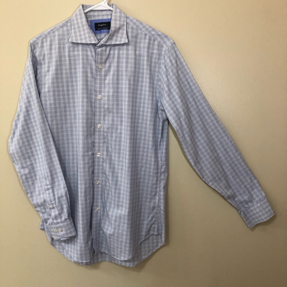 Men’s Esquire Slim Fit, Long Sleeve Shirt, Non iron, Wht/Blu Plaid Size 15 32/33